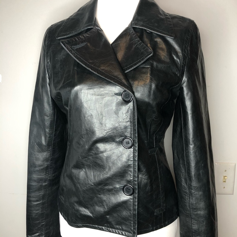 The Wrights Black Leather Double Breasted Jacket Moto Size 8